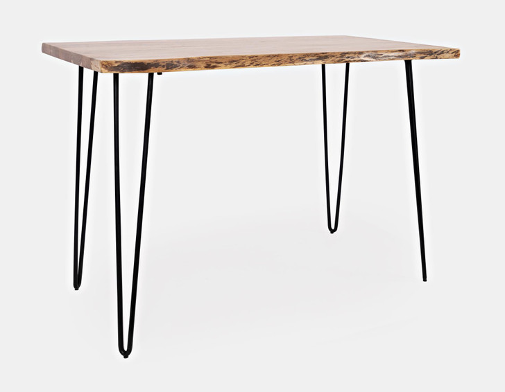 three quarter view of acacia wood top table with metal triangle legs