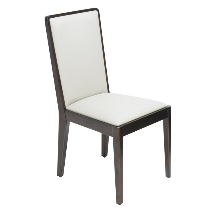 three quarter view of side chair with wood veneer and ash grey cushion