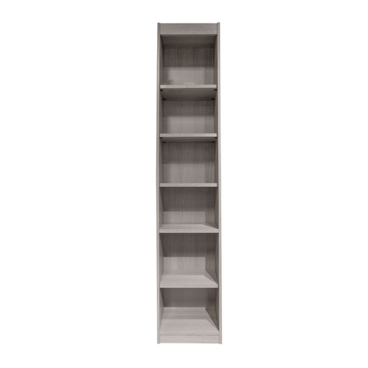 tall thin grey bookcase with six shelves