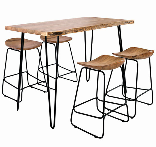 natural wood counter table with iron legs. Four stools also with iron legs