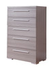 three quarter right facing view of gray melamine high chest with steel handles
