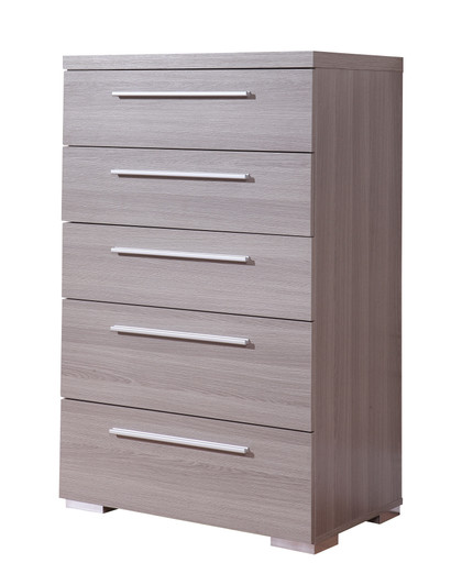 three quarter right facing view of gray melamine high chest with steel handles