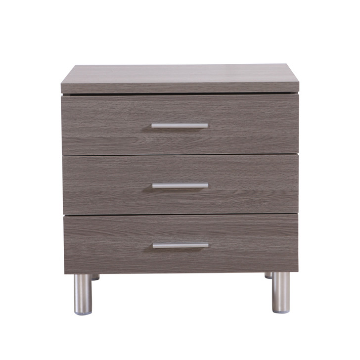 grey bedroom nightstand with three drawers and steel accents