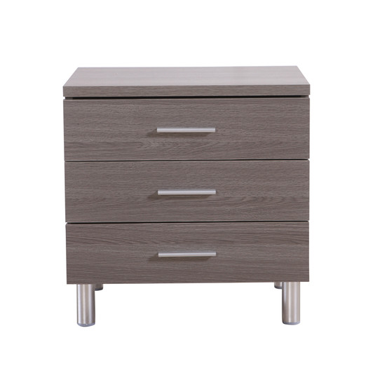 grey bedroom nightstand with three drawers and steel accents