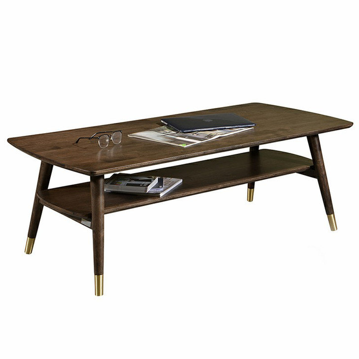 bi-level walnut wood coffee table with gold accents on the legs