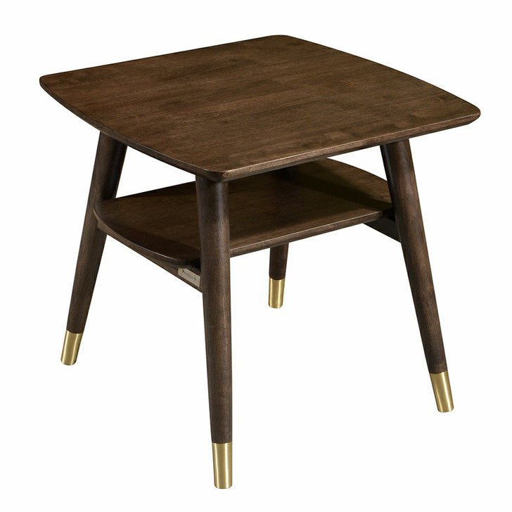 dark wood end table with bi-level design with gold-tone accents on the bottom