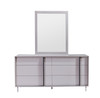 light gray double dresser with off-center handle. This dresser has six drawers and silver-toned legs.
