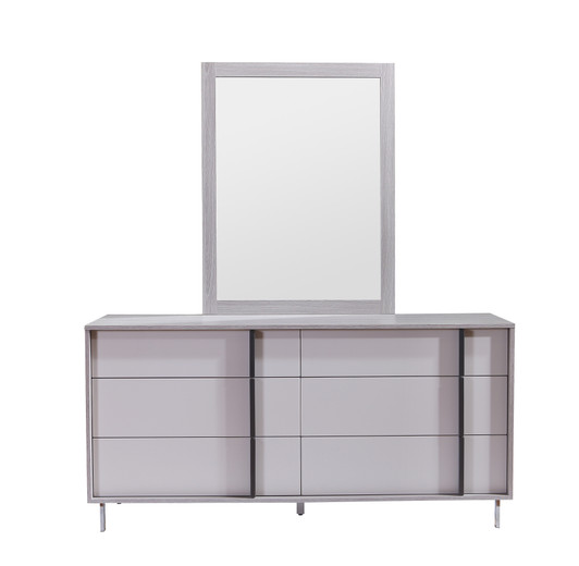 light gray double dresser with off-center handle. This dresser has six drawers and silver-toned legs.