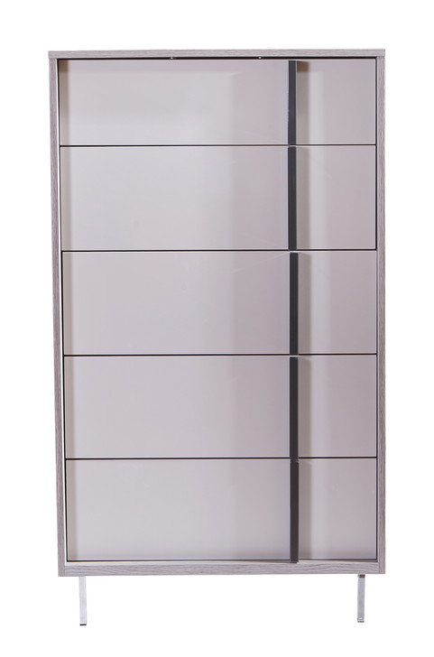 front view of light grey high chest with uncentered handle. Also has steel legs