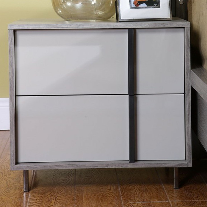 light grey and white melamine with dark off center vertical handle