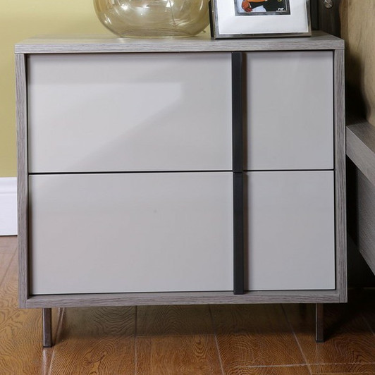 light grey and white melamine with dark off center vertical handle