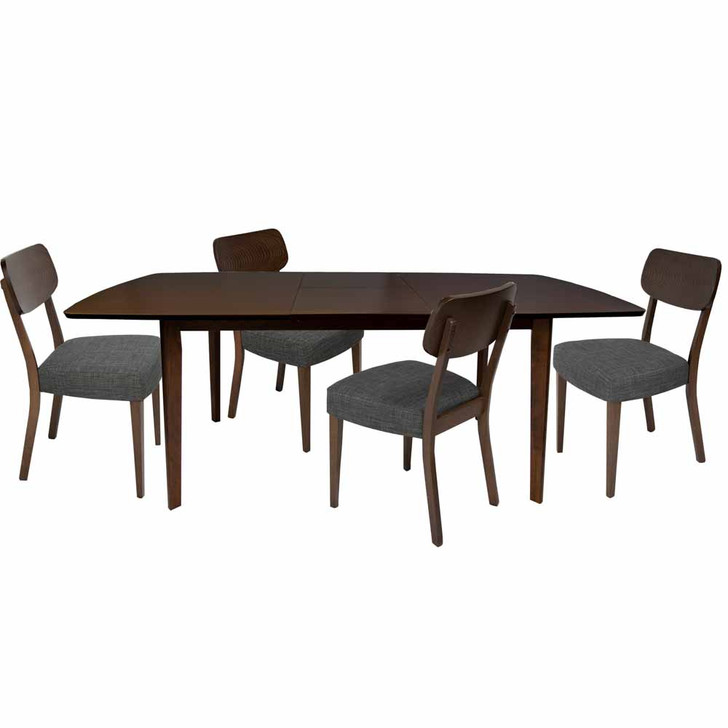 modern dining set. The table is simple and made out of dark solid wood. The four chairs feature the same dark wood and dark gray cushions.