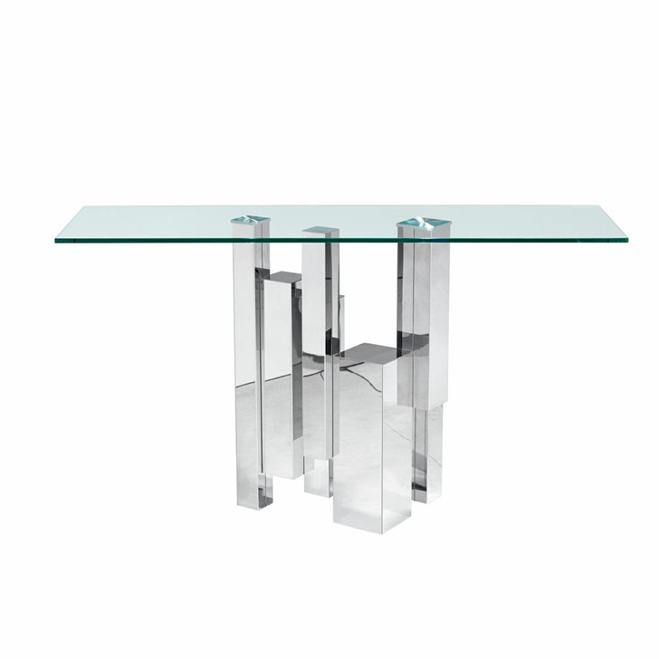 console table with geometric silver toned metal base and glass top