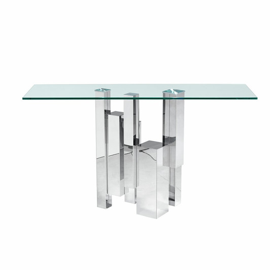 console table with geometric silver toned metal base and glass top