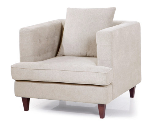 beige neutral chair with back cushion and wood legs